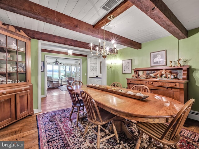 1414 Little Ln, Seven Valleys, PA 17360 - dining room with an inviting chandelier, light wood-style flooring, visible vents, baseboards, and beam ceiling