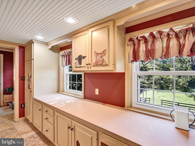 1414 Little Ln, Seven Valleys, PA 17360 - kitchen featuring ornamental molding, light countertops, cream cabinets, and wood ceiling