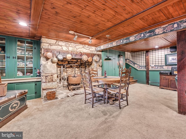 1414 Little Ln, Seven Valleys, PA 17360 - dining space with rail lighting, carpet flooring, a baseboard radiator, and wood ceiling