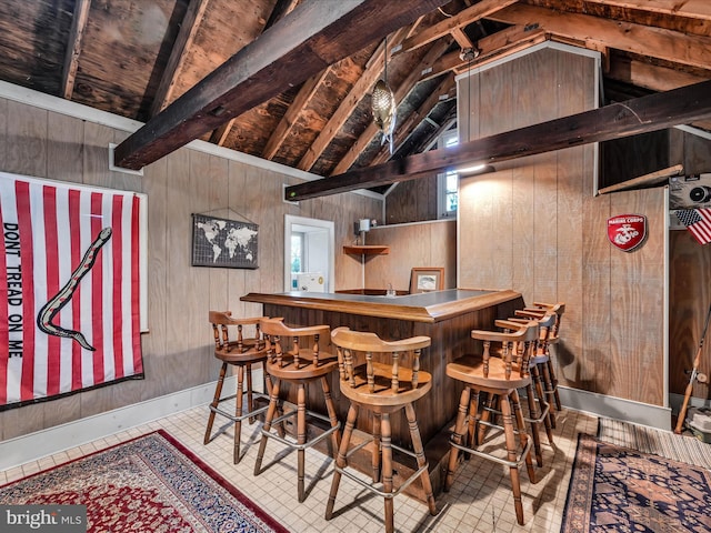 1414 Little Ln, Seven Valleys, PA 17360 - bar featuring wooden walls, bar area, and lofted ceiling