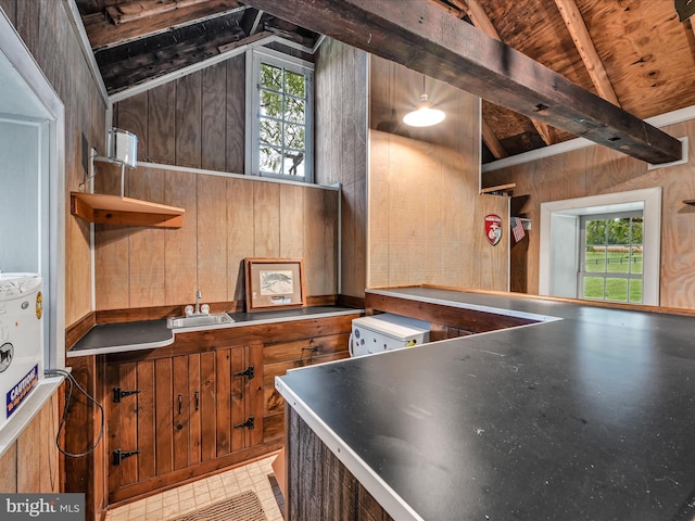1414 Little Ln, Seven Valleys, PA 17360 - kitchen with wood walls, wood ceiling, vaulted ceiling with beams, and open shelves