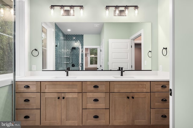 bathroom with walk in shower and vanity