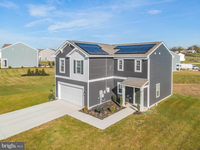 view of front of property featuring solar panels, a front yard, and a garage