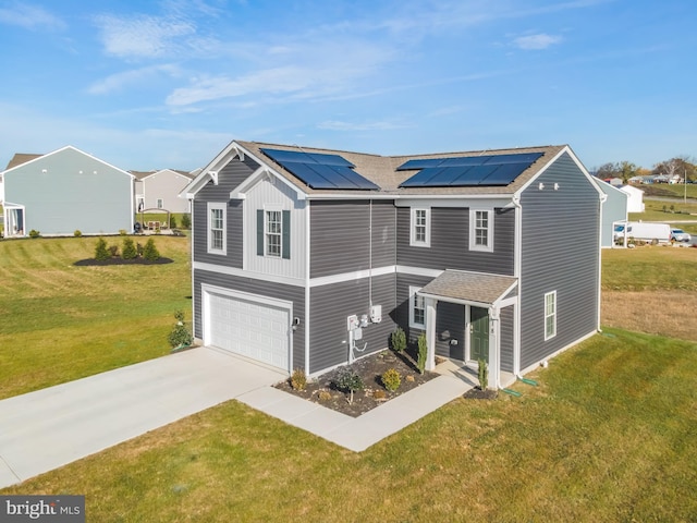 18 Smokehouse Rd, Carlisle, PA 17013 - view of front facade featuring roof mounted solar panels, an attached garage, a front yard, driveway, and a shingled roof