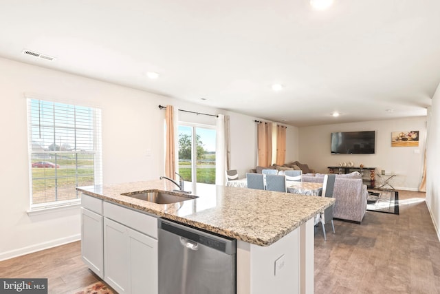 kitchen featuring white cabinets, a wealth of natural light, a center island with sink, and dishwasher