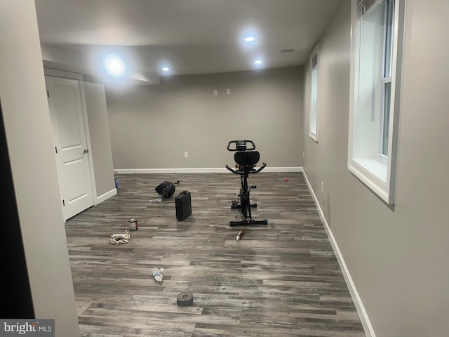 exercise area featuring dark hardwood / wood-style flooring