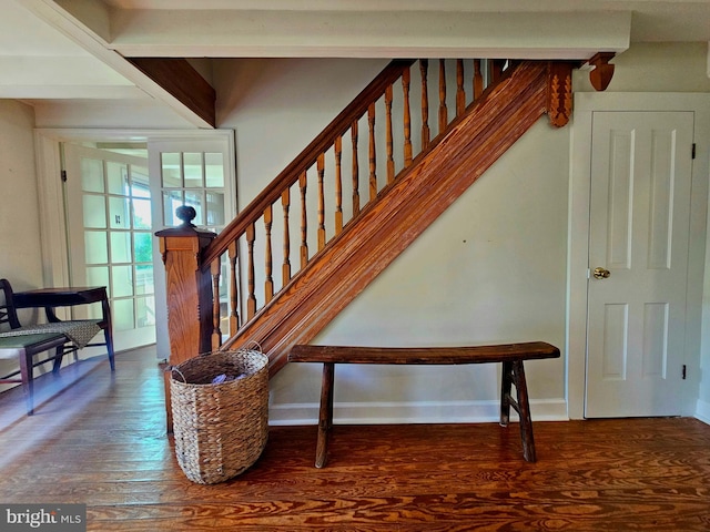 stairway with hardwood / wood-style floors