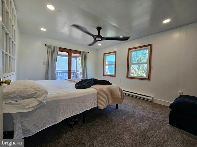 carpeted bedroom featuring multiple windows, ceiling fan, access to outside, and baseboard heating