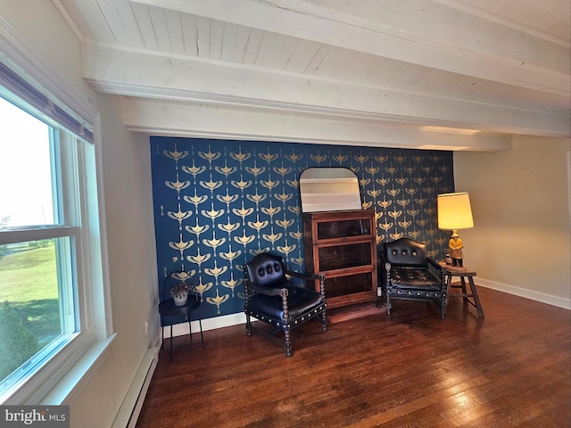 20826 Bivalve Wharf Rd, Bivalve, MD 21814 - sitting room featuring beamed ceiling, baseboards, hardwood / wood-style floors, and wood ceiling