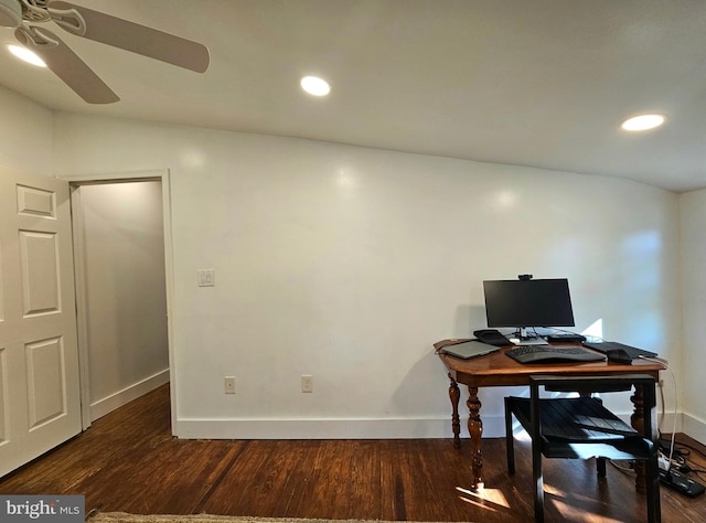 office featuring dark wood-type flooring, ceiling fan, and lofted ceiling