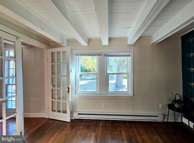 interior space featuring beamed ceiling, a baseboard radiator, and dark wood-type flooring