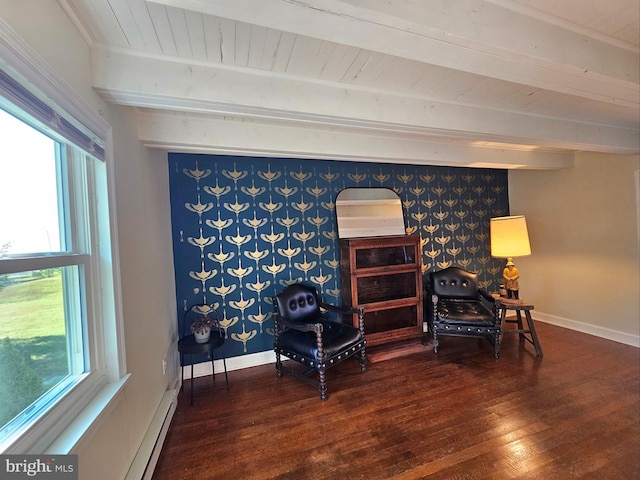 unfurnished room with beamed ceiling, a healthy amount of sunlight, and dark wood-type flooring