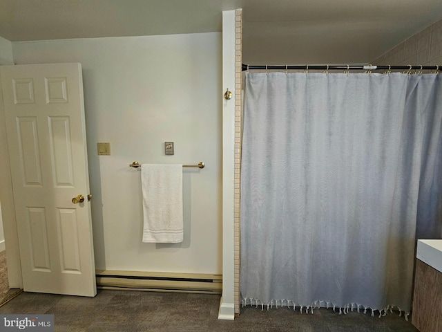 20826 Bivalve Wharf Rd, Bivalve, MD 21814 - bathroom featuring a baseboard radiator and a shower with shower curtain