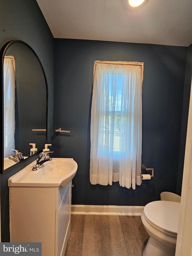 bathroom with vanity, toilet, and wood-type flooring