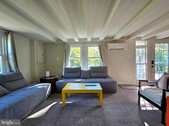 living room featuring carpet floors, beamed ceiling, french doors, and a wall mounted AC