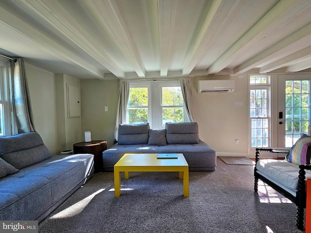 20826 Bivalve Wharf Rd, Bivalve, MD 21814 - living area featuring carpet flooring, beamed ceiling, baseboards, and an AC wall unit