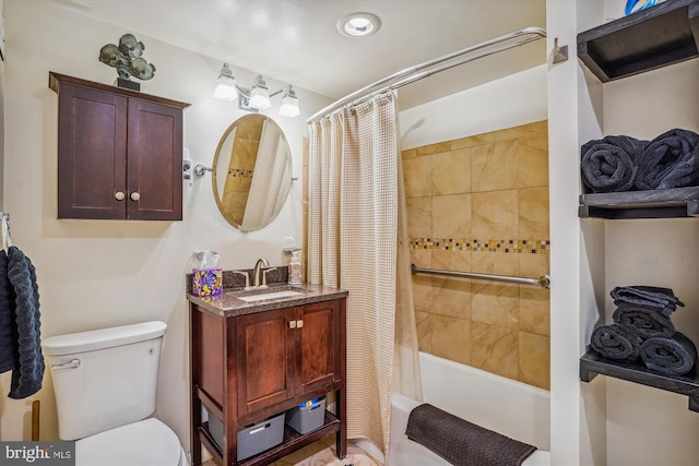 full bathroom featuring vanity, toilet, and shower / bathtub combination with curtain