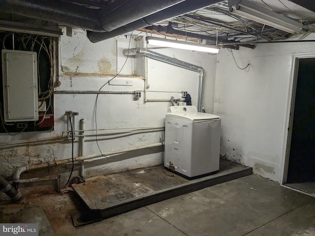 basement featuring washer / clothes dryer and electric panel