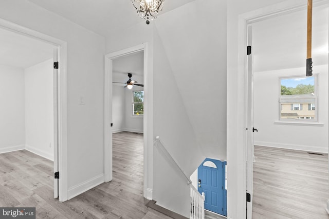 hallway with light hardwood / wood-style flooring, a wealth of natural light, and a notable chandelier