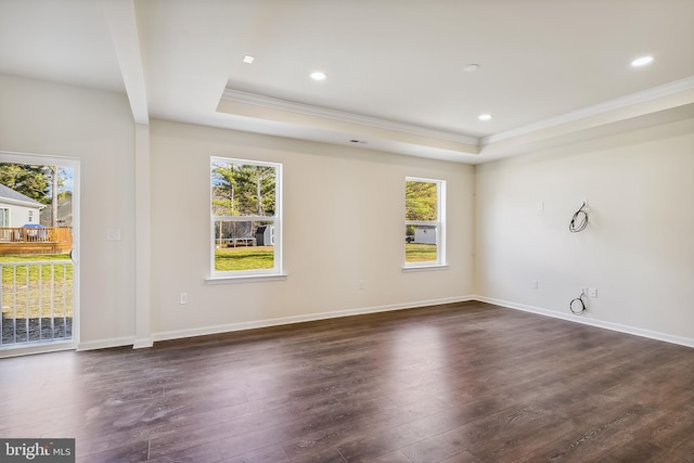 empty room featuring a raised ceiling, dark hardwood / wood-style floors, and crown molding