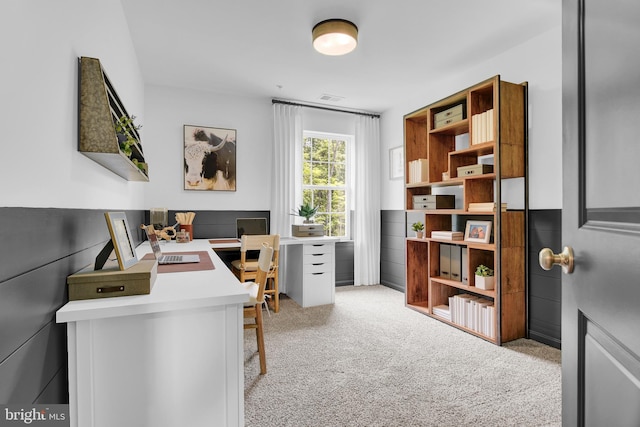 home office featuring light carpet