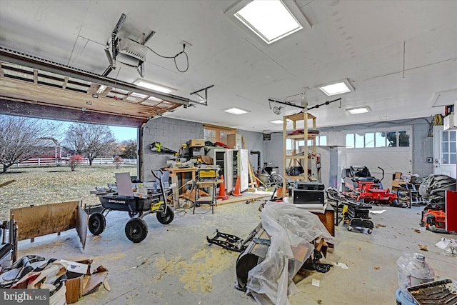 garage with a garage door opener and a workshop area