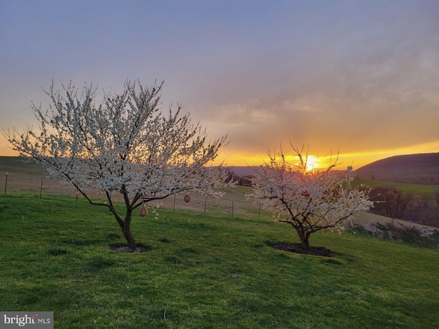 yard at dusk featuring a rural view