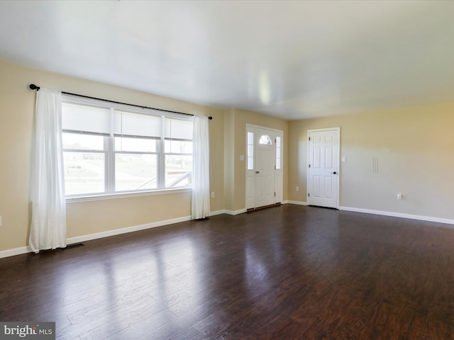 unfurnished room featuring plenty of natural light and dark wood-type flooring