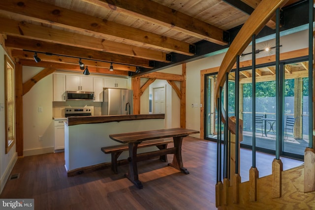 kitchen featuring white cabinetry, dark wood-type flooring, wood ceiling, stainless steel appliances, and track lighting