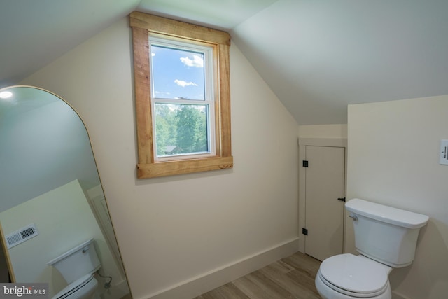 bathroom featuring wood-type flooring, toilet, and lofted ceiling with skylight