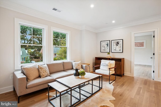 living room featuring light hardwood / wood-style flooring and ornamental molding