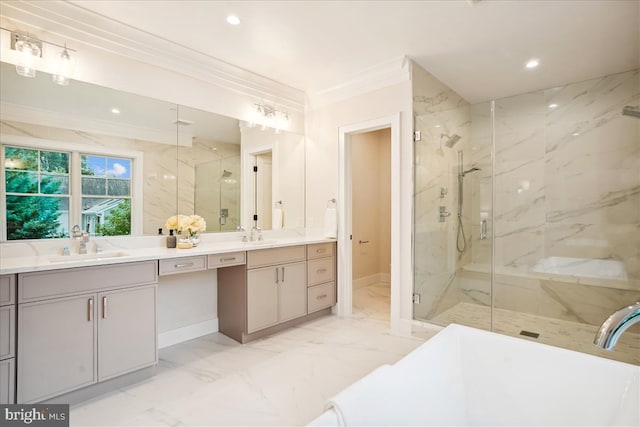 bathroom with ornamental molding, vanity, and a shower with shower door