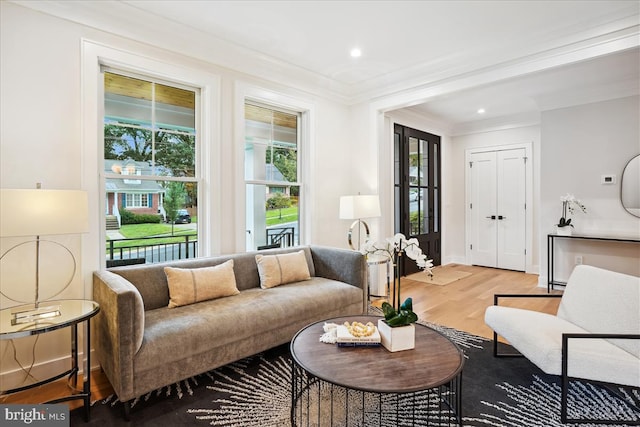 interior space with wood-type flooring and crown molding