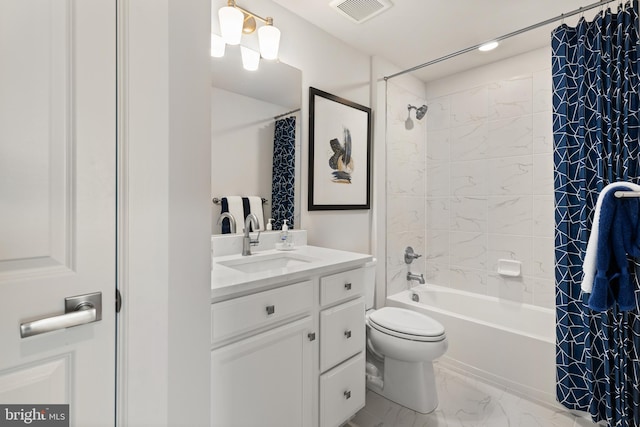 full bathroom featuring vanity, shower / tub combo, and toilet