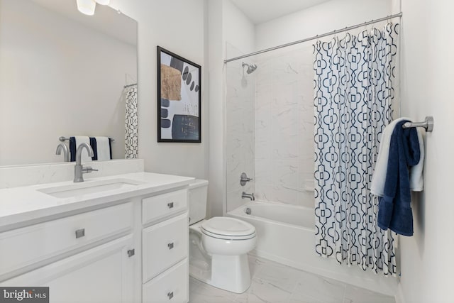 full bathroom with vanity, shower / tub combo, and toilet