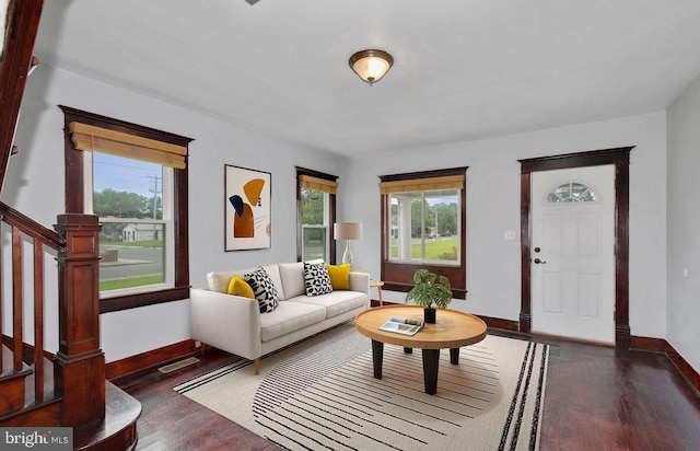 living room featuring a healthy amount of sunlight and dark hardwood / wood-style flooring