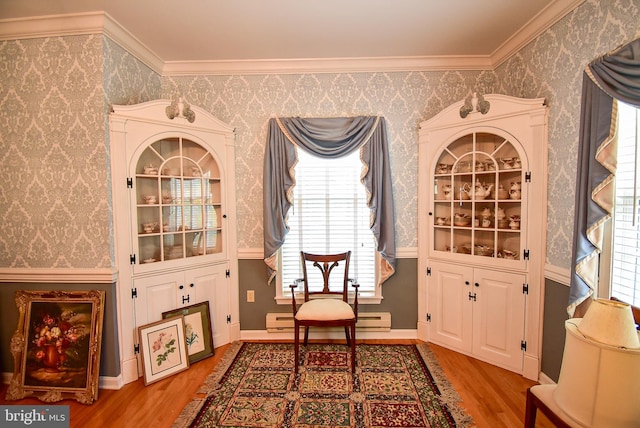 sitting room featuring ornamental molding, hardwood / wood-style floors, and a wealth of natural light