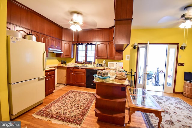 kitchen with white appliances, light hardwood / wood-style floors, ceiling fan, and sink