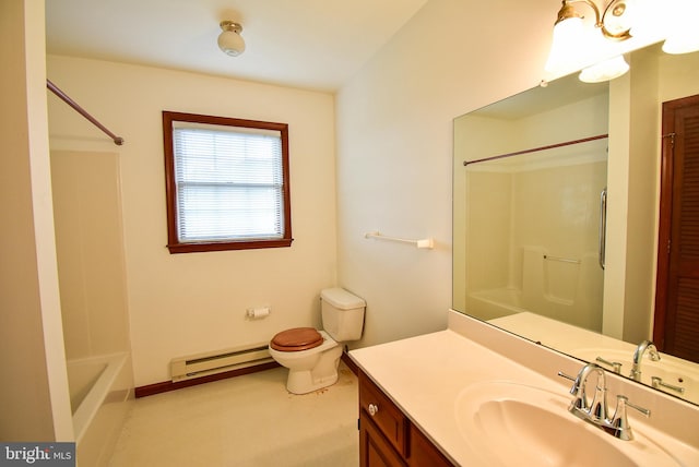 full bathroom with  shower combination, baseboard heating, vanity, and toilet