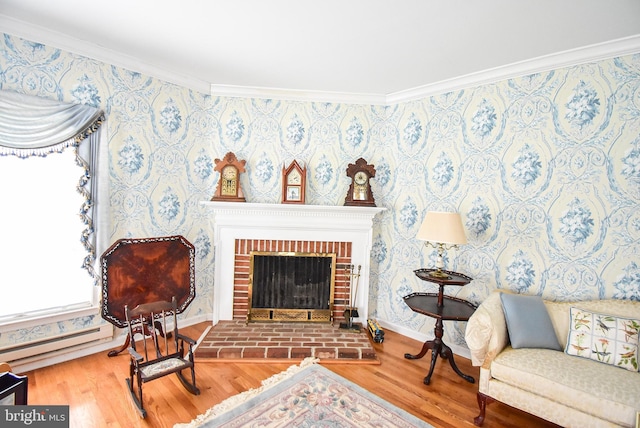 living area with a baseboard radiator, crown molding, and hardwood / wood-style floors