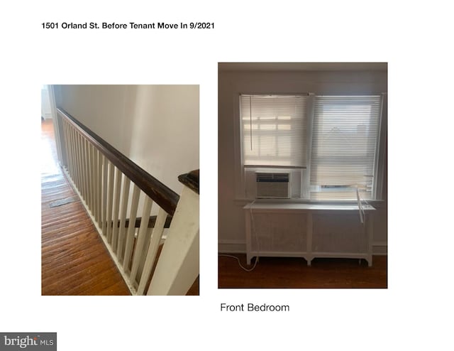 staircase featuring cooling unit and hardwood / wood-style flooring