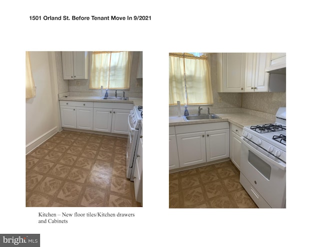 kitchen featuring white cabinetry, sink, and white gas stove