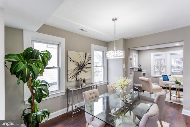 dining space featuring dark hardwood / wood-style flooring and a healthy amount of sunlight