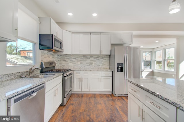 kitchen with dark hardwood / wood-style floors, a wealth of natural light, white cabinetry, and stainless steel appliances