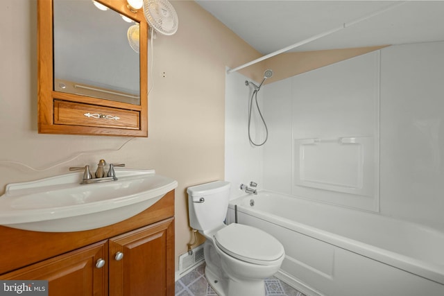 full bathroom with vanity,  shower combination, and toilet