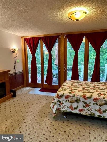 carpeted bedroom featuring a textured ceiling and access to exterior