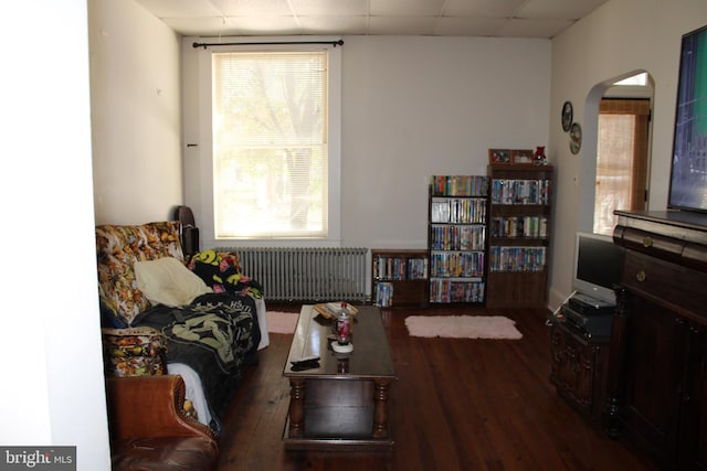 sitting room featuring a drop ceiling, radiator, and dark hardwood / wood-style flooring