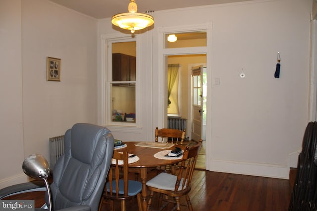 dining area with ornamental molding, dark hardwood / wood-style flooring, and radiator