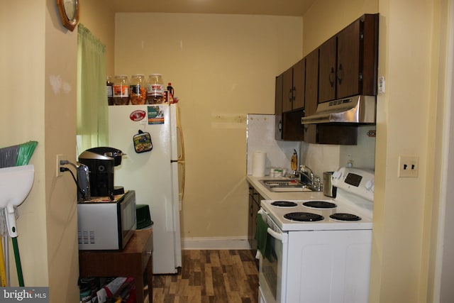 kitchen with white appliances, dark wood-type flooring, dark brown cabinetry, and sink