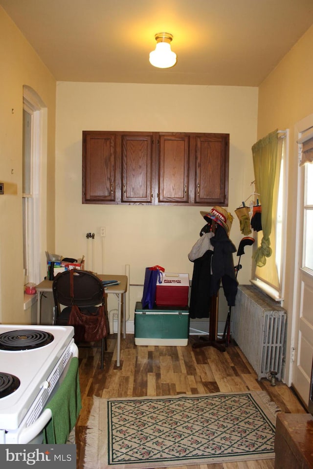 interior space with radiator and dark hardwood / wood-style floors